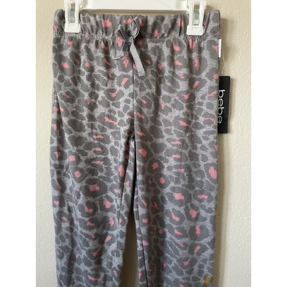 Bebe Girls Gray Pink Animal Print Gold Foil Logo Joggers Pants Size M 10/12 - Picture 2 of 6